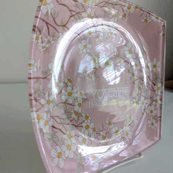 Yosemite National Park Glass Plate Dish Ahwahnee Dogwood Blossoms Square Pink - Picture 9 of 15